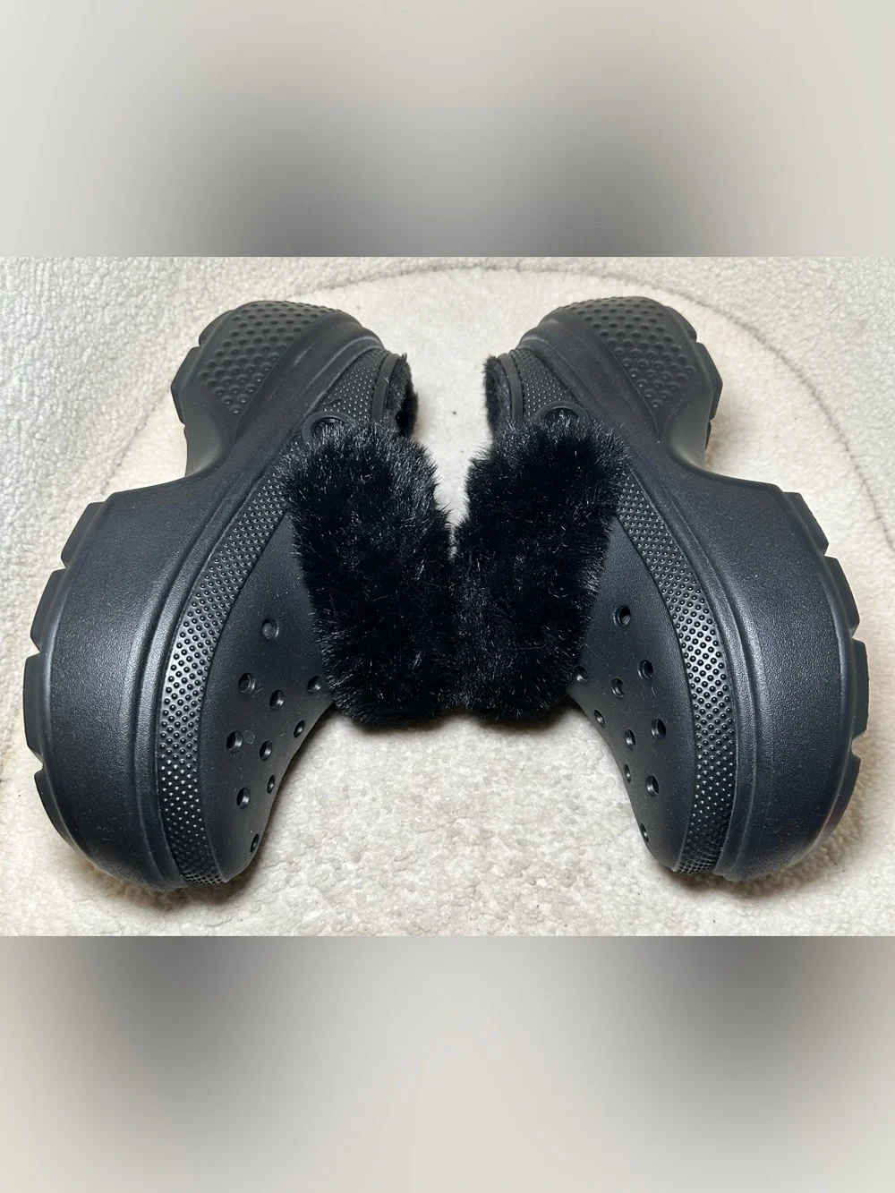 Crocs Stomp Lined Clog Black Faux Fur Platform Shoes Y2K Goth Punk Chunky Emo 8